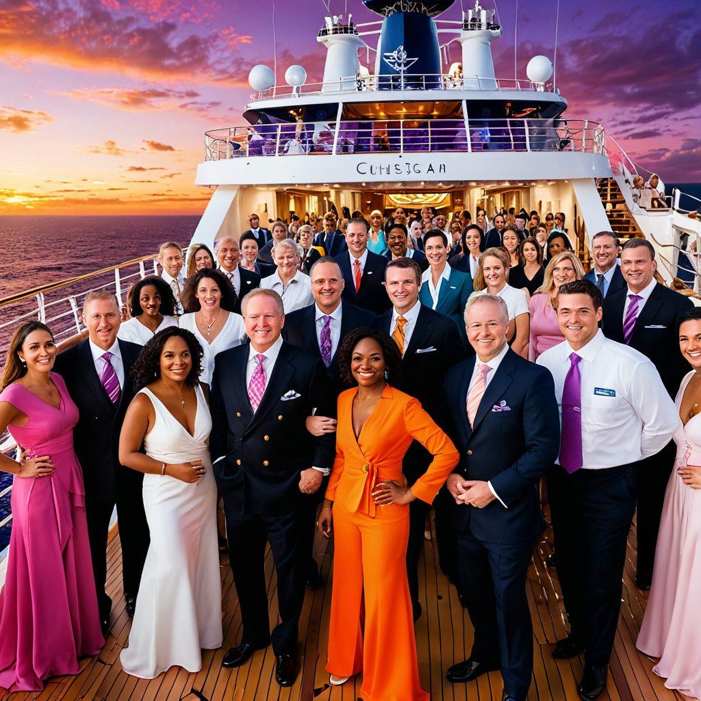 A vibrant scene on a luxurious cruise ship deck, showcasing diverse individuals in professional attire engaging in conversations, with a stunning ocean backdrop. Include elements representing career opportunities, such as a captain, hospitality staff, and entertainment crew, all smiling and networking. Highlight the feeling of adventure and growth in the cruise industry. sunset colors and dynamic ocean waves in the background. super-realistic. vibrant colors. 3D.