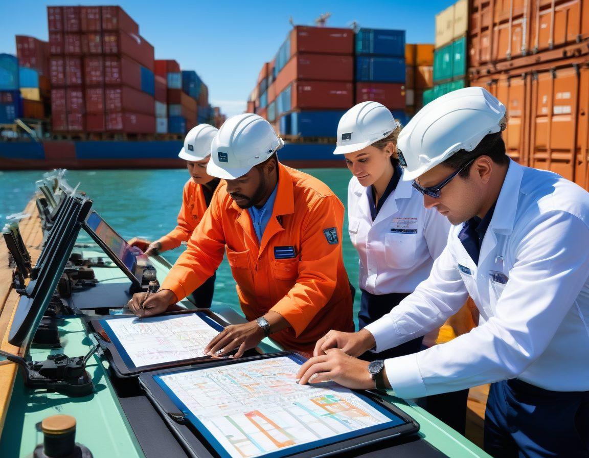 A dynamic scene showcasing a diverse group of maritime professionals, including a ship captain, marine engineer, and navigator, collaboratively using charts and digital devices on a vibrant ship deck. In the background, there are shipping containers and a calm ocean under a clear blue sky. Emphasize teamwork and innovation with modern equipment like tablets and navigational tools. super-realistic. vibrant colors.