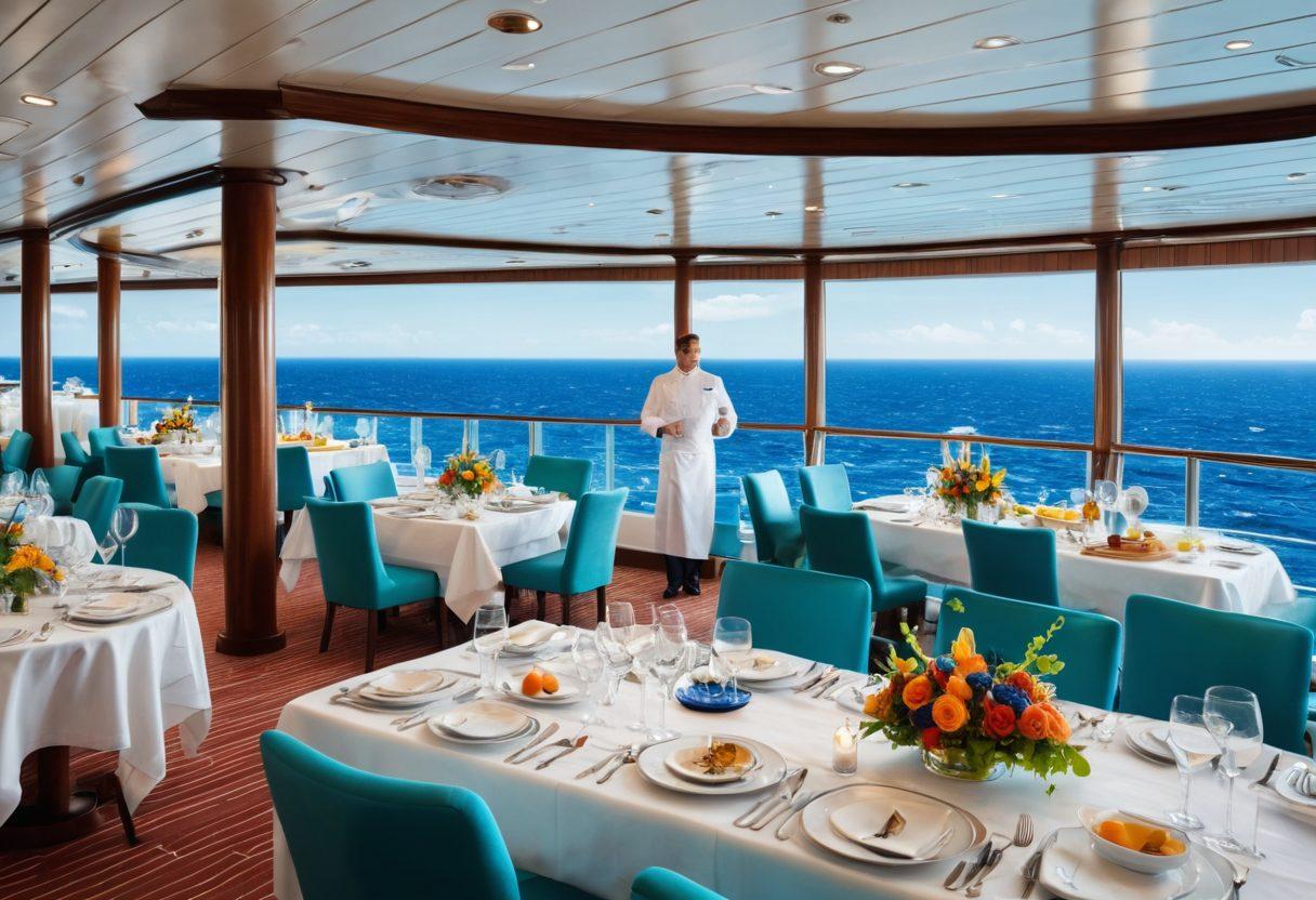 A panoramic view of a bustling cruise ship deck transitioning into an elegant dining area, showcasing diverse crew members in various uniforms, including chefs, waitstaff, and entertainment staff. The scene should capture the vibrant atmosphere of life on the high seas with a beautiful ocean backdrop and sumptuous meals being served. The composition should convey a sense of adventure and hospitality, blending vibrant ocean colors and warm dining tones. 3D. vibrant colors. super-realistic.